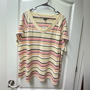 Talbots Plus V-Neck Striped Top in Pink, Yellow, and Green